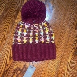 Tweed Pom Pom Beanie Burgundy Pink Yellow Blue - NWT​​​​​​​​​​​​